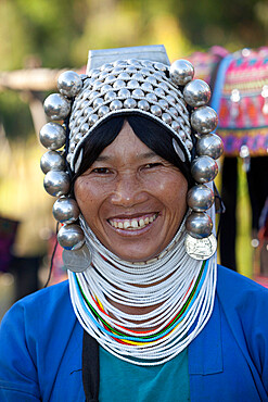 Loimi-Akha woman with silver balled headdress, near Kengtung, Shan State, Myanmar (Burma), Asia