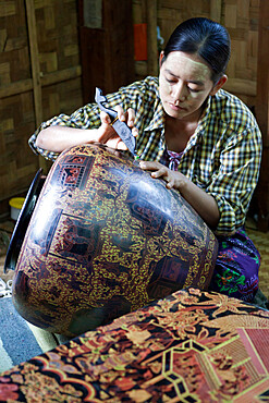 Engraving traditional lacquerware, Bagan, Central Myanmar, Myanmar (Burma), Asia