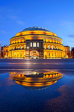 Royal Albert Hall reflected in puddle, London, England, United Kingdom, Europe