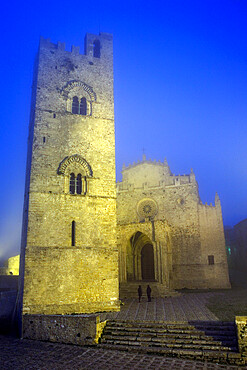 The Duomo in fog at dusk, Erice, Sicily, Italy, Europe