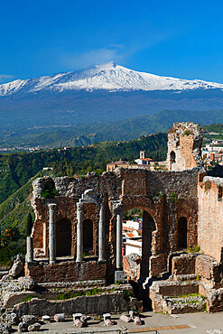 The Greek Amphitheatre and Mount Etna, Taormina, Sicily, Italy, Europe