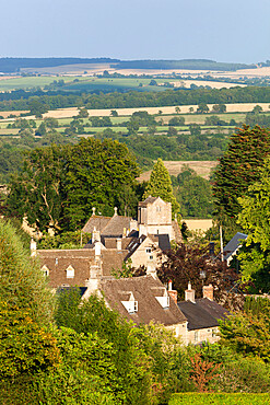 View over Cotswold village, Icomb, Cotswolds, Gloucestershire, England, United Kingdom, Europe