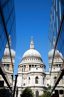 Dome of St. Paul's Cathedral reflected in office windows, London, England, United Kingdom, Europe