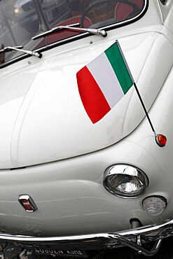 Italian flag on Fiat 500 car, Rome, Lazio, Italy, Europe