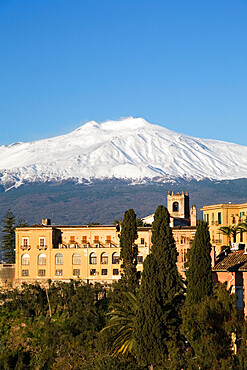 View over Taormina and Mount Etna with Hotel San Domenico Palace, Taormina, Sicily, Italy, Europe