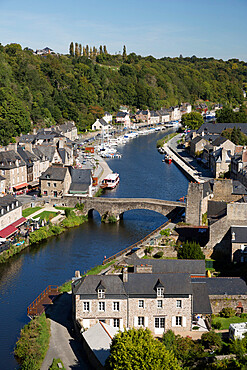 View over the port and River Rance with the Pont Gothique, Dinan, Cotes d'Armor, Brittany, France, Europe