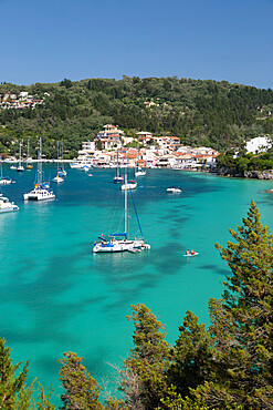 Yachts anchored in bay, Lakka, Paxos, Ionian Islands, Greek Islands, Greece, Europe