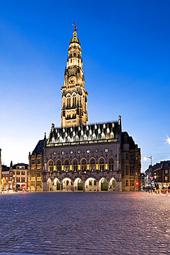 Place des Heros and the Town Hall and belfry floodlit at night, Arras, Pas-de-Calais, Hauts-de-France region, France, Europe