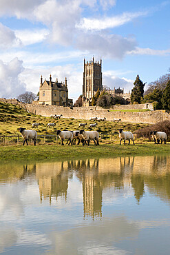 Old Campden House and St. James' church reflected in pond, Chipping Campden, Cotswolds, Gloucestershire, England, United Kingdom, Europe