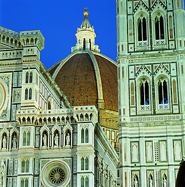 Brunelleschi's dome and exterior of the Duomo floodlit at night, UNESCO World Heritage Site, Florence, Tuscany, Italy, Europe