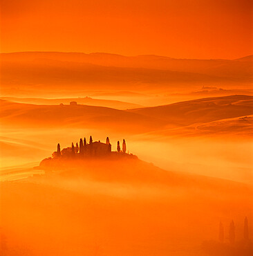 Tuscan farmhouse with cypress trees in misty landscape at sunrise, San Quirico d'Orcia, Siena Province, Tuscany, Italy, Europe