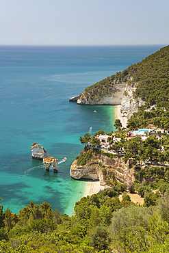 Faraglioni di Baia delle Zagare rocks with beaches and coastline, near Mattinata, Gargano peninsula, Foggia province, Puglia, Italy, Europe