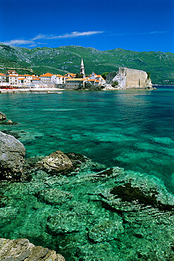 Clear waters in front of the Old Town, Budva, The Budva Riviera, Montenegro, Europe