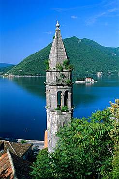 Church of St. Nikola belfry and the Benedictine Monastery of St. George on islet, Perast, The Boka Kotorska (Bay of Kotor), UNESCO World Heritage Site, Montenegro, Europe