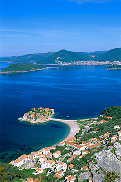 View over the Island and bay, Sveti Stefan, The Budva Riviera, Montenegro, Europe