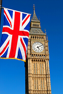 Big Ben with Union flag, Westminster, UNESCO World Heritage Site, London, England, United Kingdom, Europe