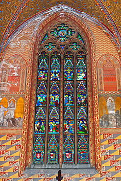 Frescoes and window showing life of Virgin Mary in Matthias Church (Matyas-Templom), UNESCO World Heritage Site, Buda, Budapest, Hungary, Europe