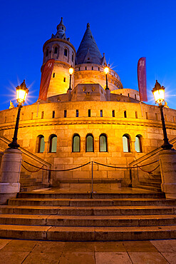 Turrets of Fishermen's Bastion (Halaszbastya) at night, Buda, Budapest, Hungary, Europe