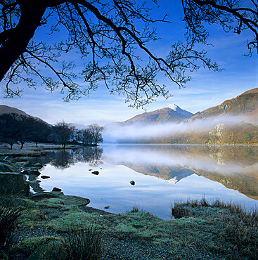 Mist over Llyn Gwynant and Snowdon, Snowdonia National Park, Conwy, Wales, United Kingdom, Europe