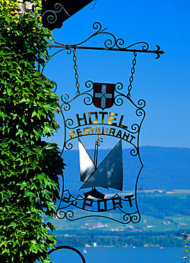 Hotel sign, Yvoire, Lake Geneva, Rhone Alpes, France, Europe