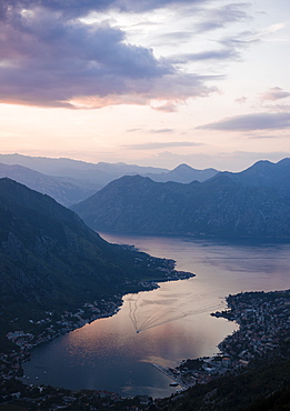 View of The Bay of Kotor at sunset, UNESCO World Heritage Site, Montenegro, Europe