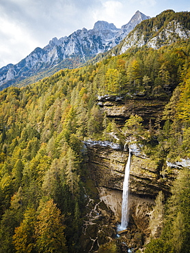 Aerial view by drone of Pericnik Waterfall, Triglav National Park, Upper Carniola, Slovenia, Europe