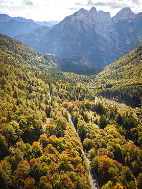 Aerial view by drone of Vrsic Pass, Julian Alps, Triglav National Park, Upper Carniola, Slovenia, Europe