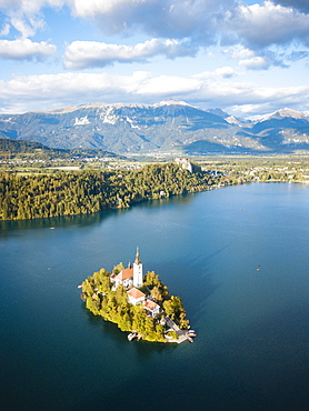 Aerial view by drone of Bled Island with the Church of the Assumption at dawn, Lake Bled, Upper Carniola, Slovenia, Europe