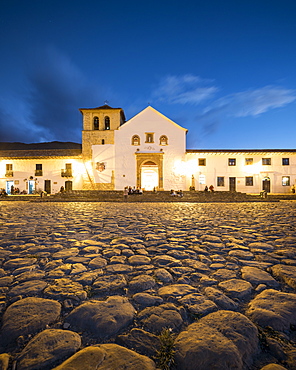 Plaza Mayor at twilight, Villa de Leyva, Boyaca, Colombia, South America