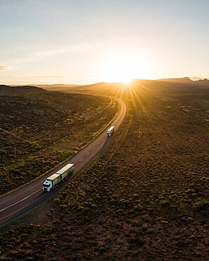 Aerial view of sunset over highway, Landscape near Touws River, Western Cape, South Africa