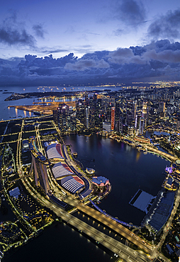 Aerial view of Marina Bay Sands and Singapore City Harbour at night, Singapore, Southeast Asia, Asia