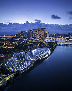 Aerial view of Singapore City Harbour at night, Singapore, Southeast Asia, Asia