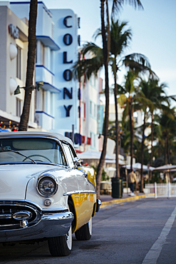 Oldsmobile Super 88 convertible parked in front of the Avalon Hotel, Ocean Drive, South Beach, Miami, Dade County, Florida, United States of America, North America