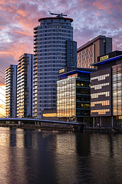 Media City at twilight, Salford Quays, Manchester, Lancashire, England, United Kingdom