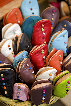 Moroccan leather slippers for sale in market, Marrakech, Morocco, North Africa, Africa 