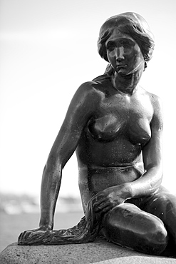 Black-and-white picture of the Statue of The Little Mermaid in Copenhagen, Denmark, Scandinavia, Europe