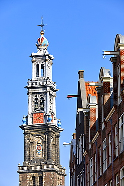 Westerkerk church and townhouse facades, Amsterdam, North Holland, The Netherlands, Europe