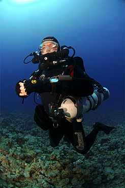 Mixed gas rebreather diver showing equipment.  Red Sea.