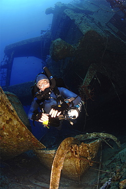 Mixed gas rebreather divers on ship wreck.  Red Sea.