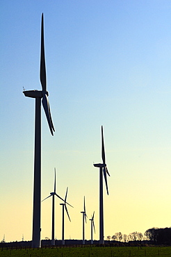 Wind farm silhouetted at dawn, Eaucourt-sur-Somme, Picardie, France.