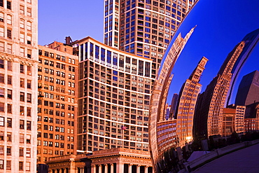 Skyscrapers reflecting in road mirror, Chicago, Illinois 