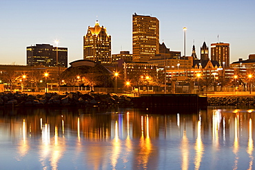 Street lights reflecting in lake, Milwaukee, Wisconsin 