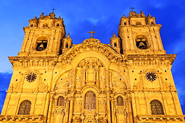 Low angle of facade of Church of Society of Jesus, Cuzco, Peru