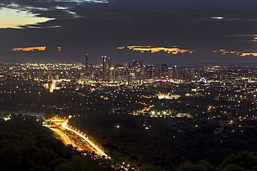 Aerial view of cityscape at sunrise, Brisbane, Australia