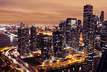 Elevated view of Lake Shore Drive and Chicago architecture at sunset, Chicago, Illinois 