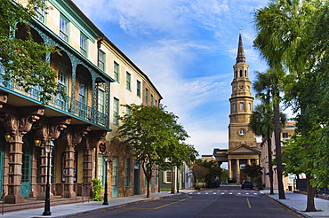 USA, South Carolina, Charleston, Church Street, Dock Street Theater, St. Philip's Church