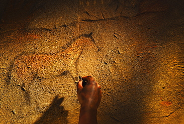 Studio shot of hand making cave painting of horse