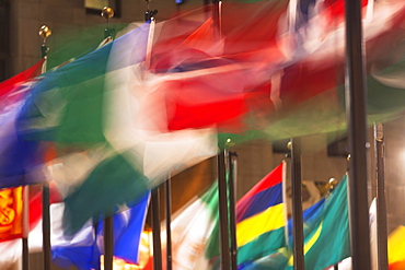 View of colorful flags in Rockefeller Center, USA, New York State, New York City