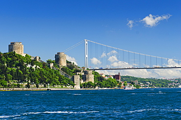 Turkey, Istanbul, Fortress of Europe with Fatih Sultan Mehmet Bridge over Bosphorus