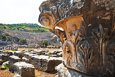 Turkey, Ephesus, Corinthian column in Roman amphitheatre